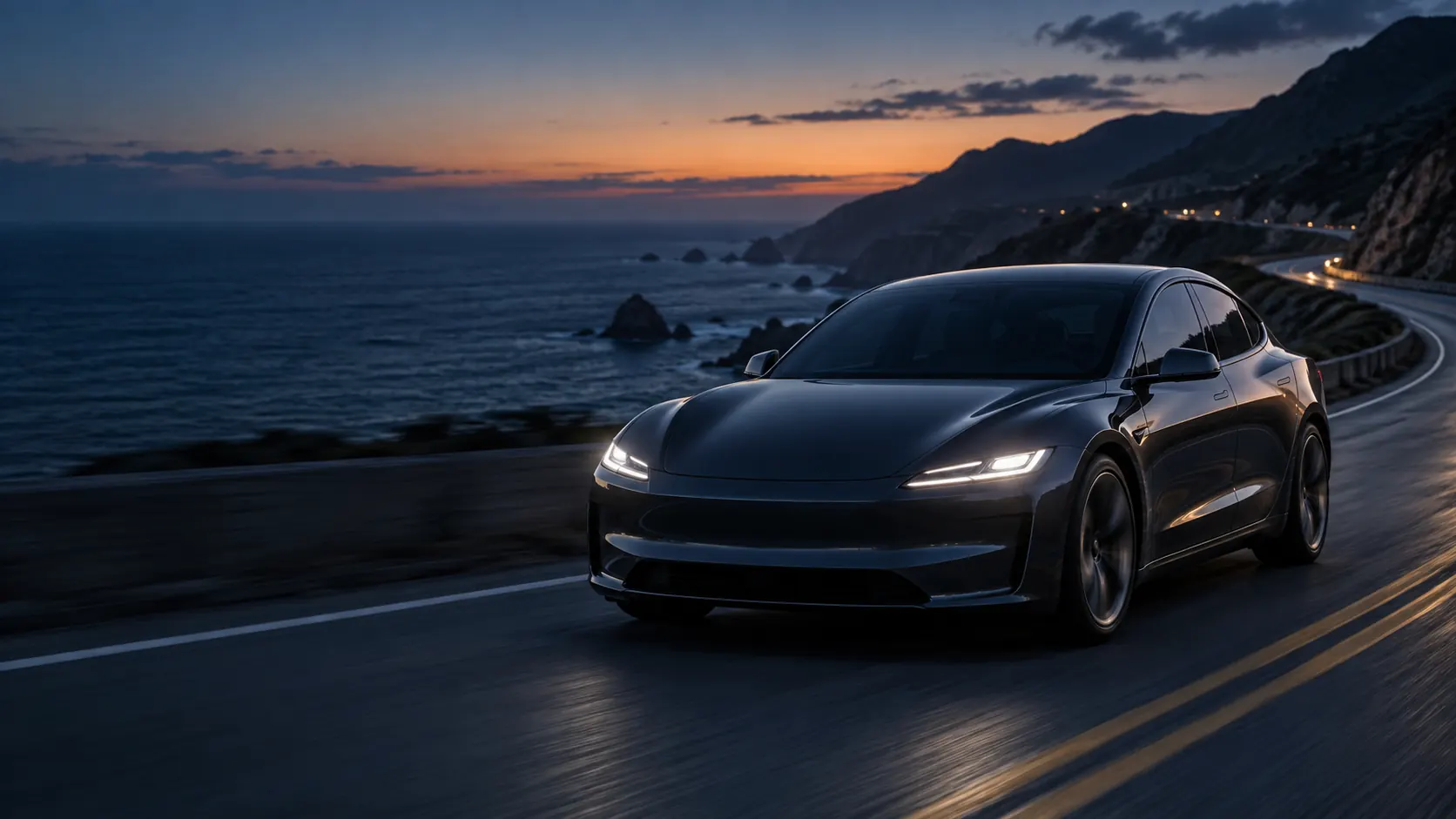 Illustrative Tesla on a coastal road at sunset