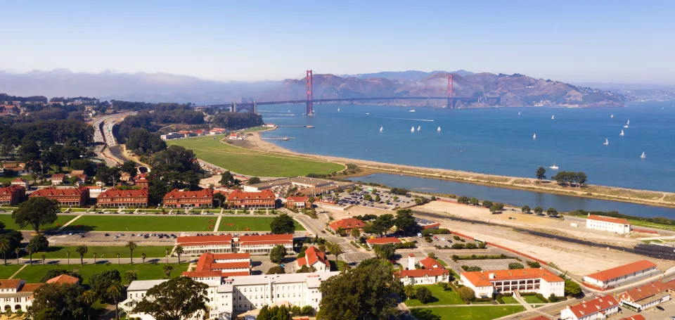 Full span of the Golden Gate Bridge seen across San Francisco Bay