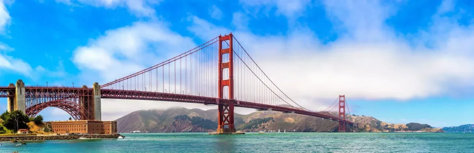 Full Golden Gate Bridge span viewed across San Francisco Bay