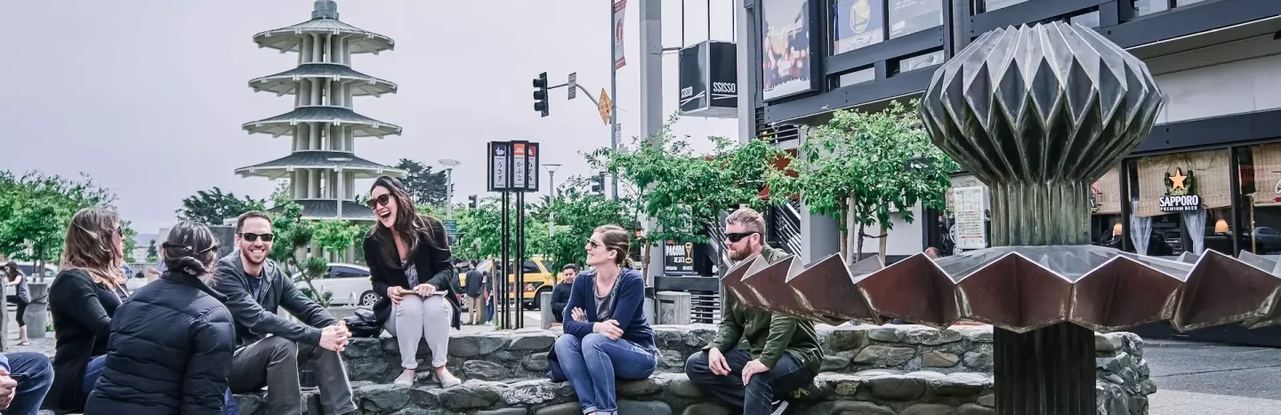 Visitors gathered near the Peace Pagoda and public art in San Francisco Japantown